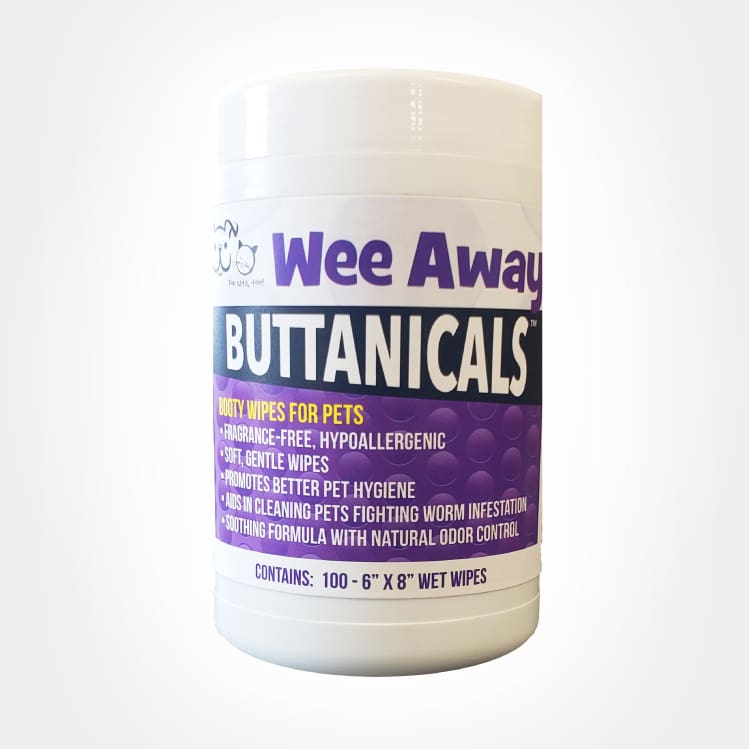 Wee Away Buttanical Wipes over a purple decorative background.