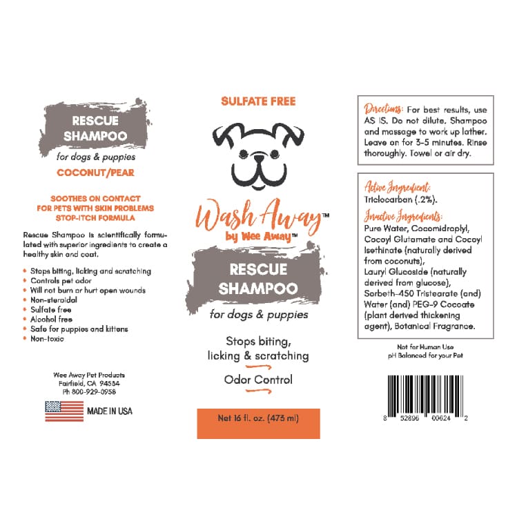 Wee Away Wash Away Rescue Shampoo product label.
