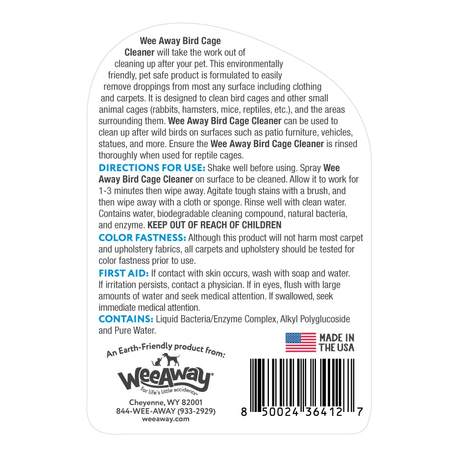 Wee Away Bird Cage Cleaner back label.